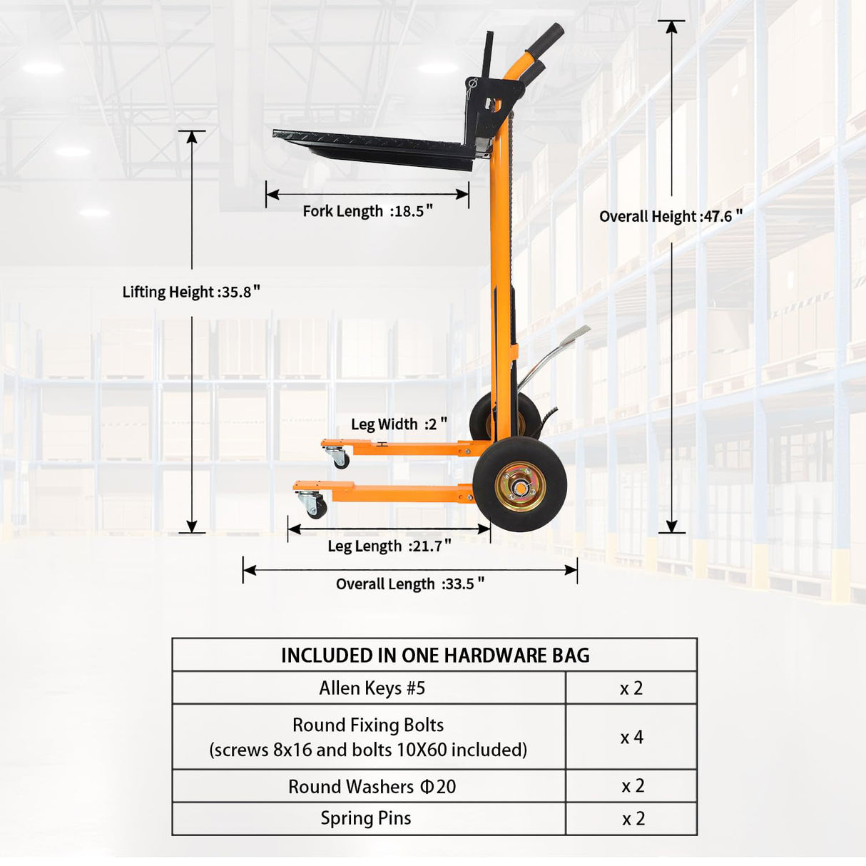 Manual Pallet Stacker 440 lbs Capacity 35.8" Lift Fixed Legs HSP440