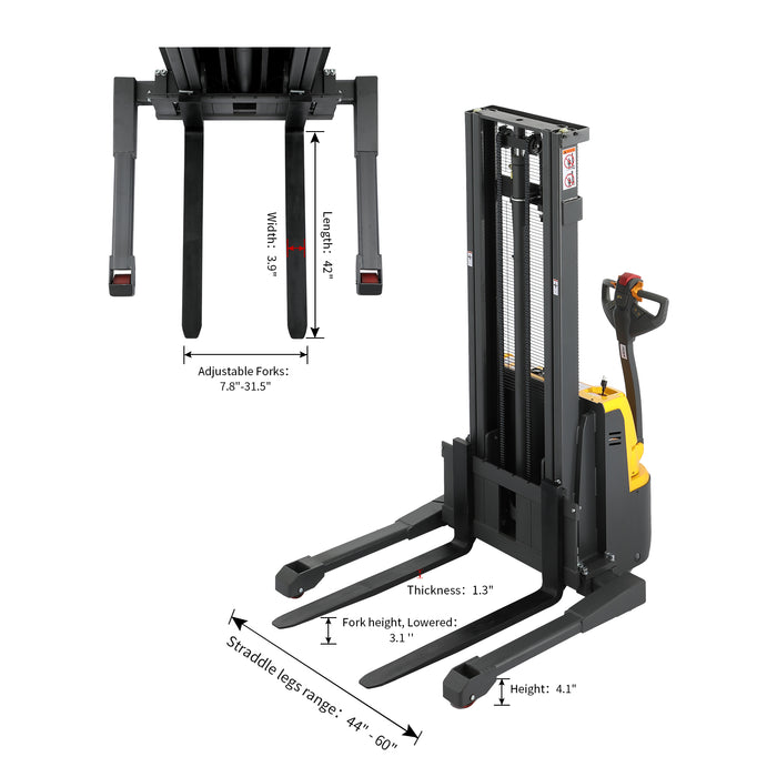 3300lbs 98” Fully Electric Straddle Pallet Lift Stacker Adj Forks CTD15RE-98