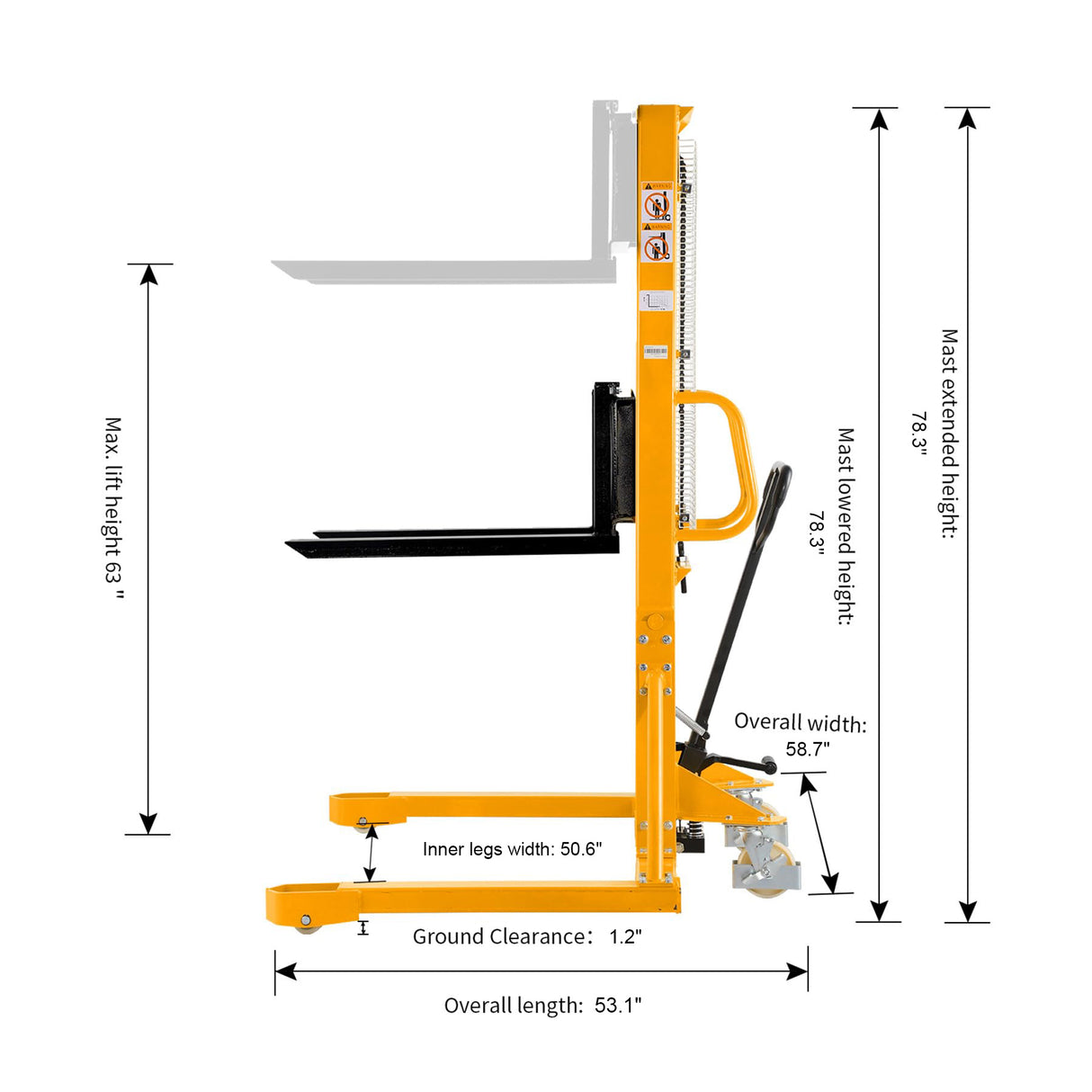 Manual Pallet Stacker with Straddle Legs & Adjustable Forks 1100lbs Capacity 63" Lift Height SDJAS500