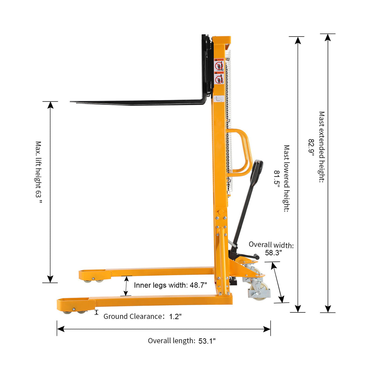Hydraulic Hand Stacker with Straddle Legs 2200lbs Capacity 63" Lift Height SDJAS1016