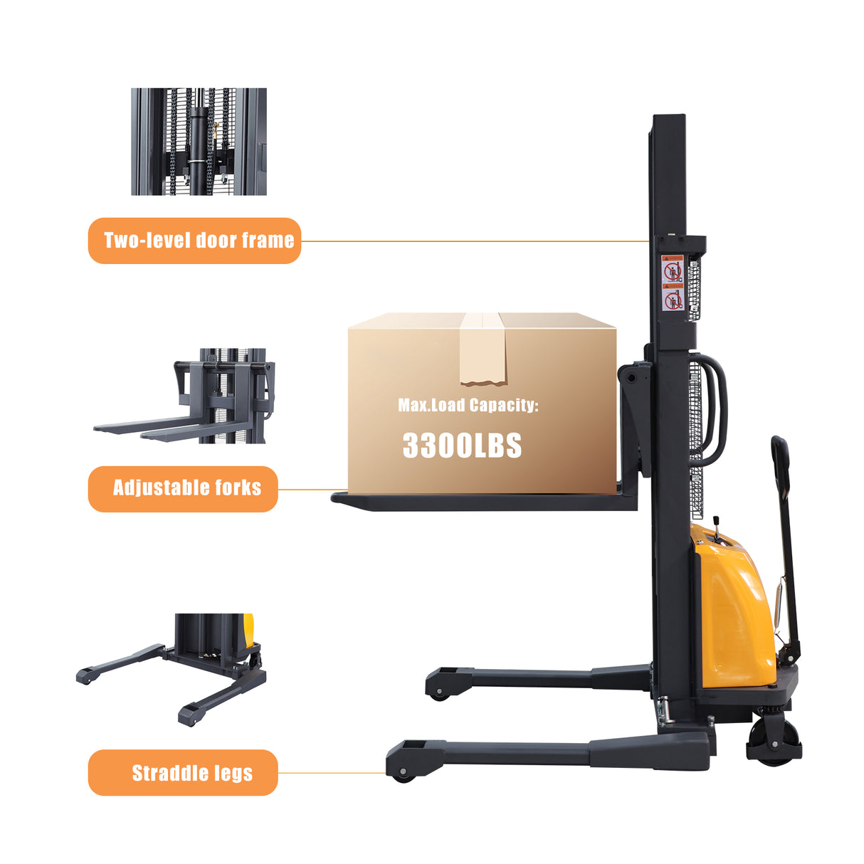 3300lbs Manual Push Electric Lift Stacker, 118" Height, Straddle Legs, Adjustable Forks / Xilin CTD15BE-118