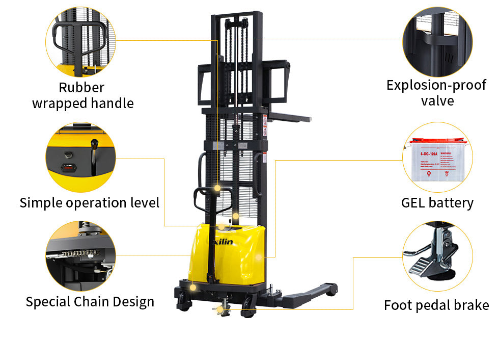 3300lbs Manual Push Electric Lift Stacker, 98" Height, Straddle Legs, Adjustable Forks / Xilin CTD15BE-98