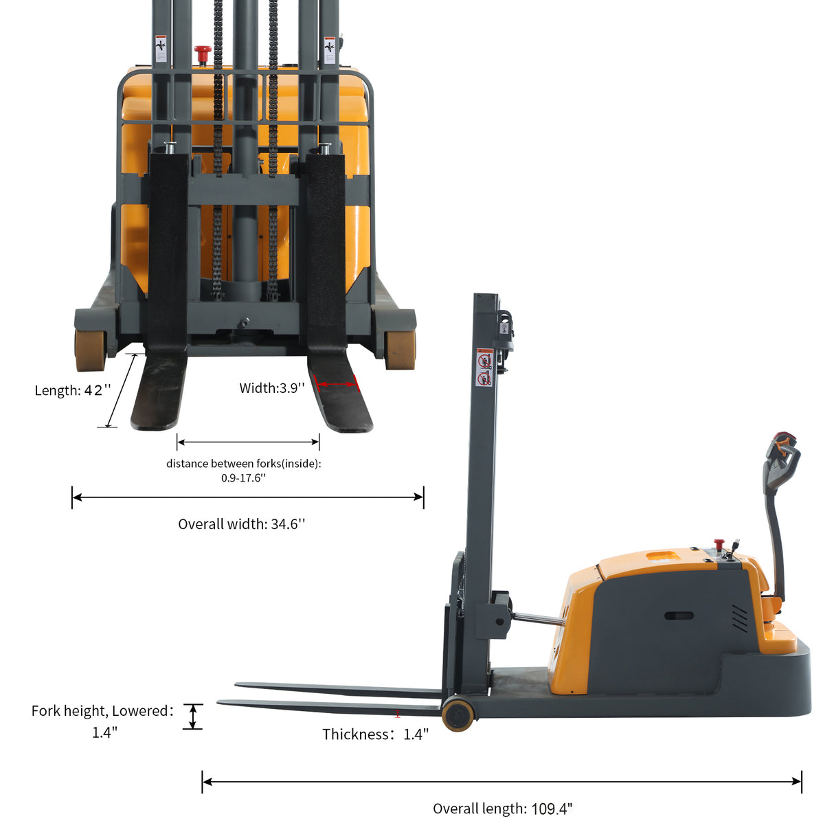 3300 lbs Load 118" Lift High-Capacity Counterbalanced Electric Stacker Adjustable Forks | CPD15W-II-118
