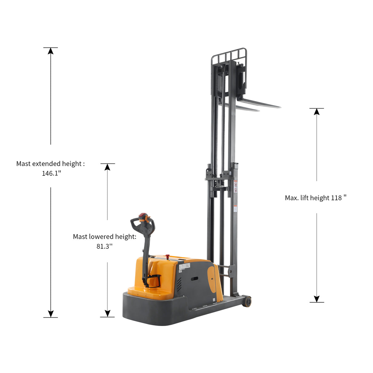 3300 lbs Load 118" Lift High-Capacity Counterbalanced Electric Stacker Adjustable Forks | CPD15W-II-118