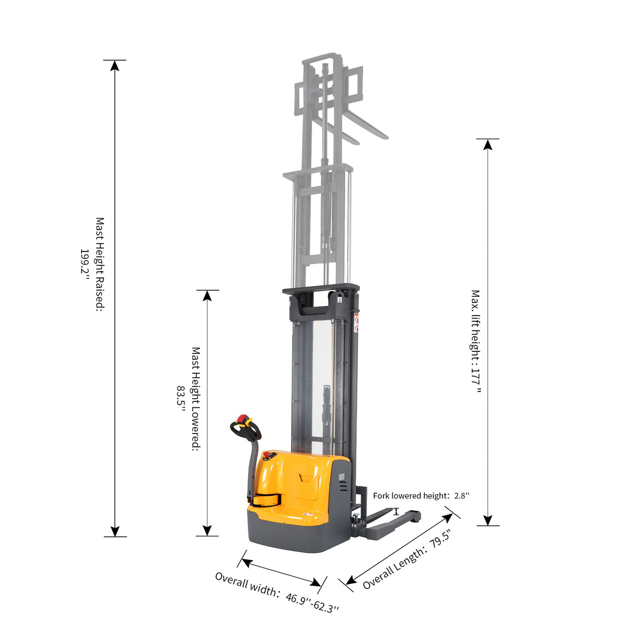 3300 lb Capacity 177" Lift High-Reach Electric Stacker Adjustable Forks | CTDR15-III-177