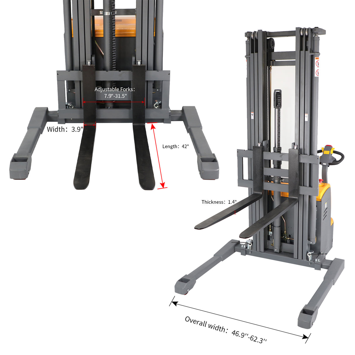 3300 lb Capacity 177" Lift High-Reach Electric Stacker Adjustable Forks | CTDR15-III-177