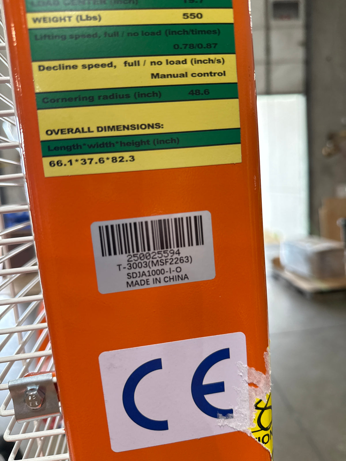 Pre-owned Premium Used SDJA1000-I-O–2200lbs Manual Pallet Stacker 2200 lbs Capacity 63" Lift Fixed Legs-250025594