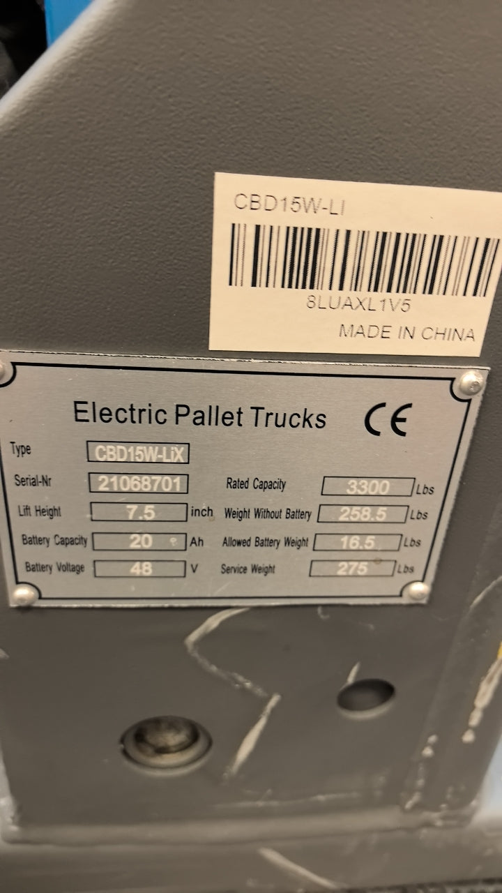 Pre-owned Regular Used CBD15W-Lix-45x21-B 3,300 lb Electric Pallet Jack, Compact Lithium Model, 45"x21" Forks-21068701