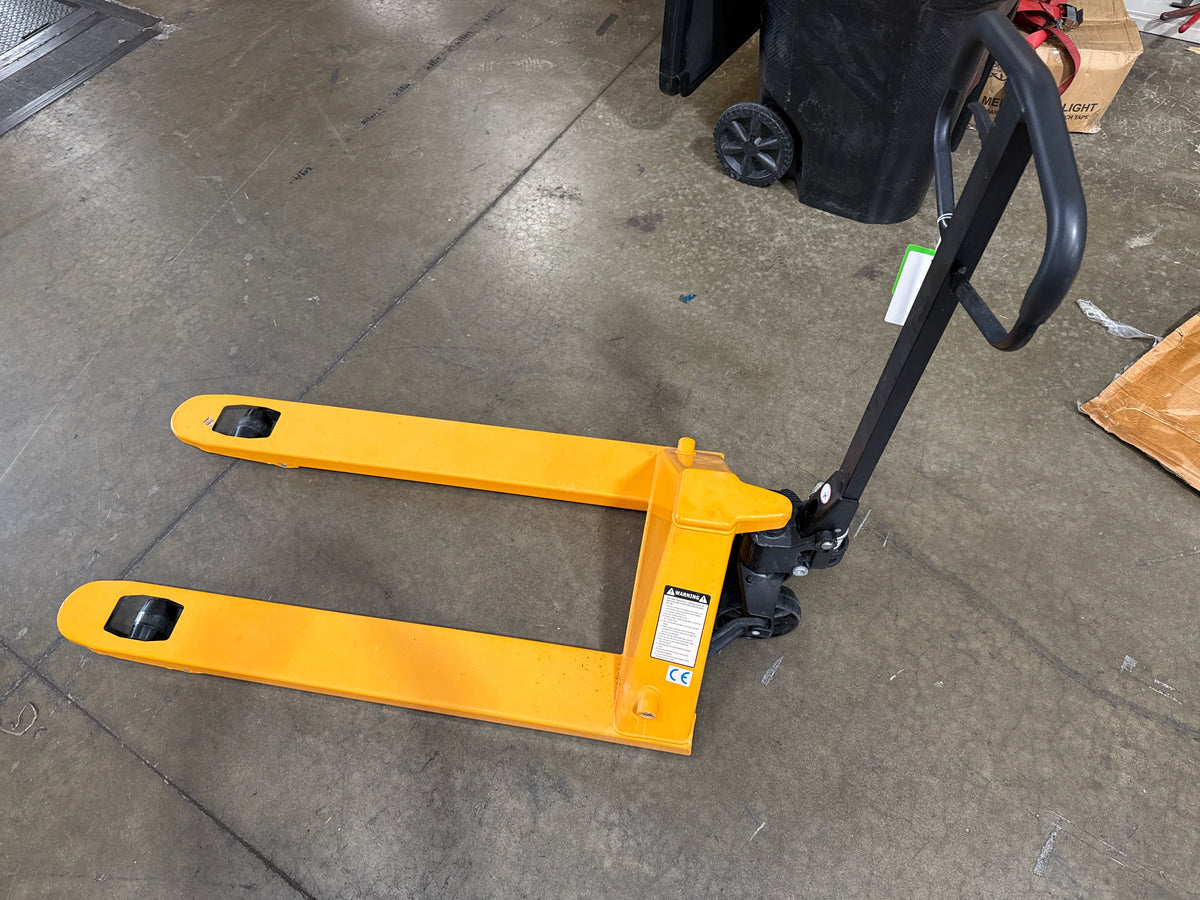 Pre-owned BF-III-2(NYLON) 5,500 lb Hydraulic Pallet Jack – Wide Forks & Nylon Wheels, 48" x 27"