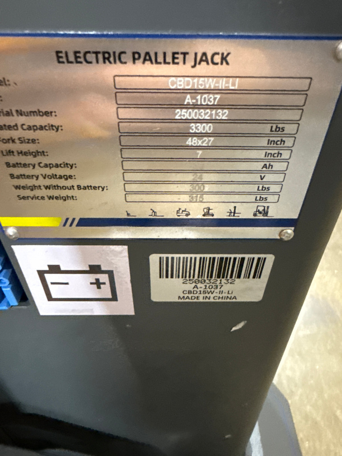Pre-owned Premium Used CBD15W-II-Li-II – 3,300 lb Electric Pallet Jack, LCD Handle & Turtle Mode-250032132