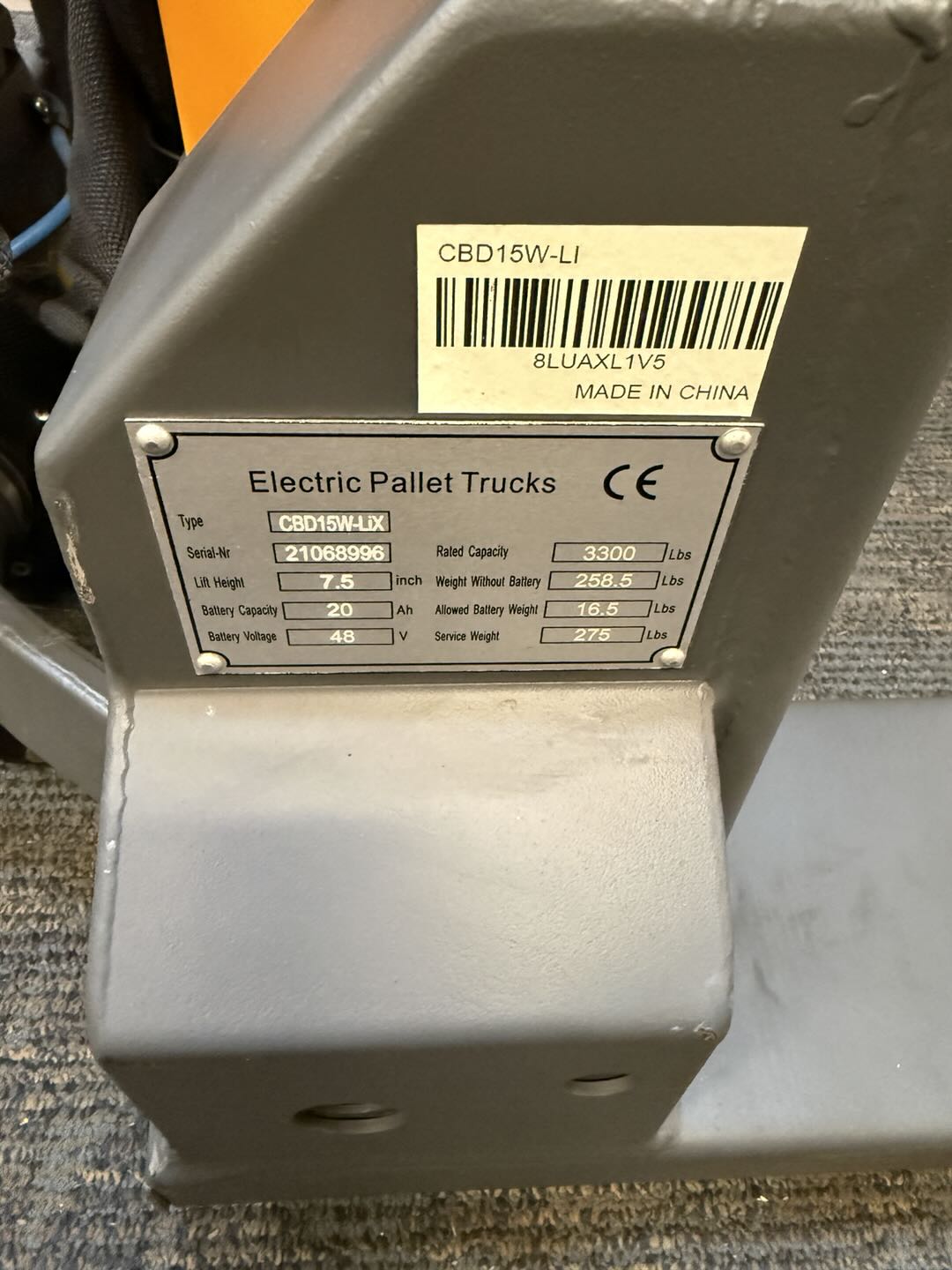 Pre-owned Aged Used CBD15W-LIX-48x27 – 3,300 lb Electric Pallet Jack, Lithium Battery, 48"x27" Forks-21068996