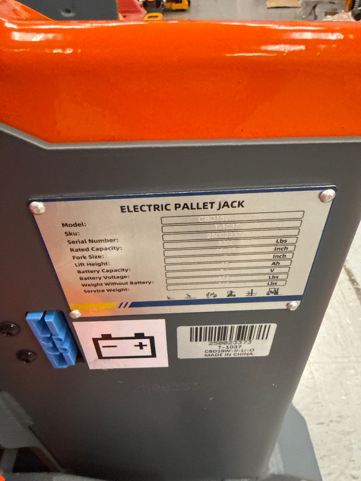 Pre-owned Open Box CBD15W-II-Li-O-II 3,300 lb Electric Pallet Jack, Compact Lithium Model, 48"x27" Forks-250023373