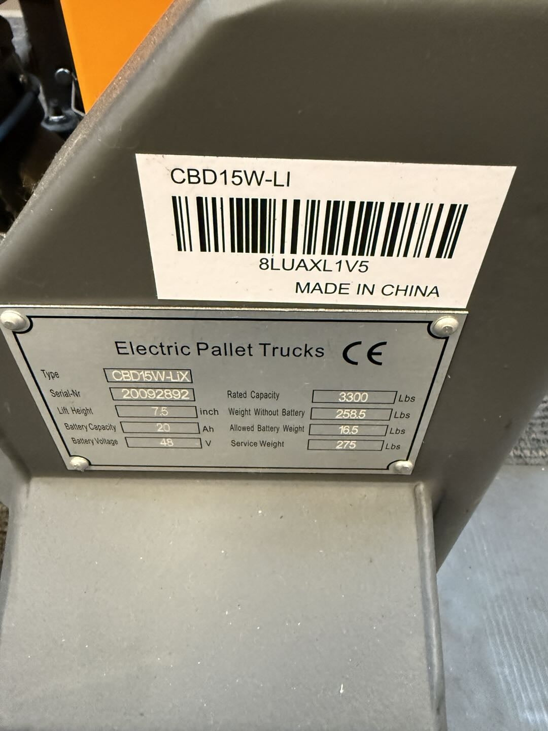 Pre-owned Regular Used CBD15W-LIX-48x27 – 3,300 lb Electric Pallet Jack, Lithium Battery, 48"x27" Forks-20092892