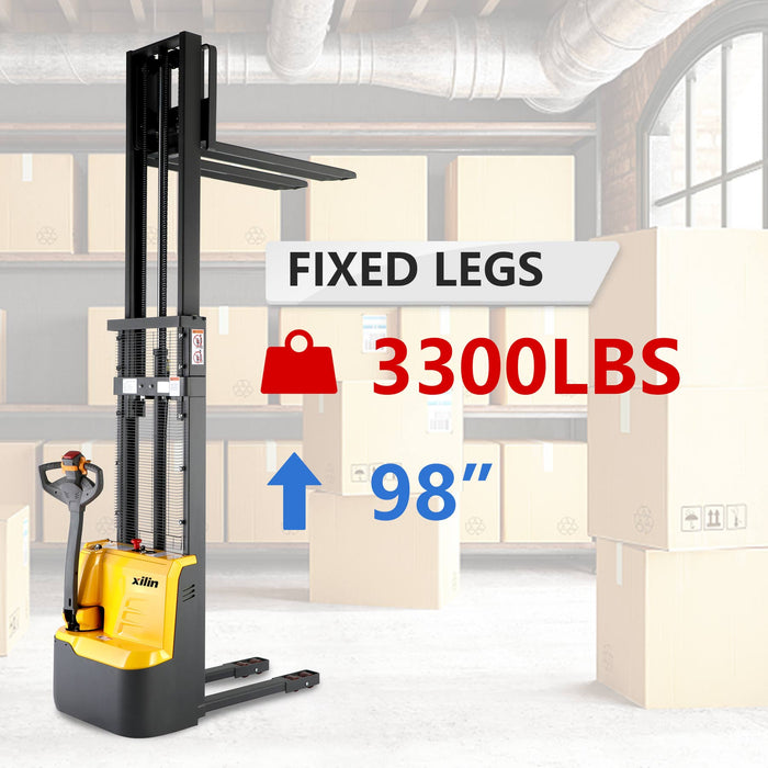 3300 98" Ergonomic Fixed Legs Fixed Leg Fully Electric Pallet Stacker CDD15R-E-98