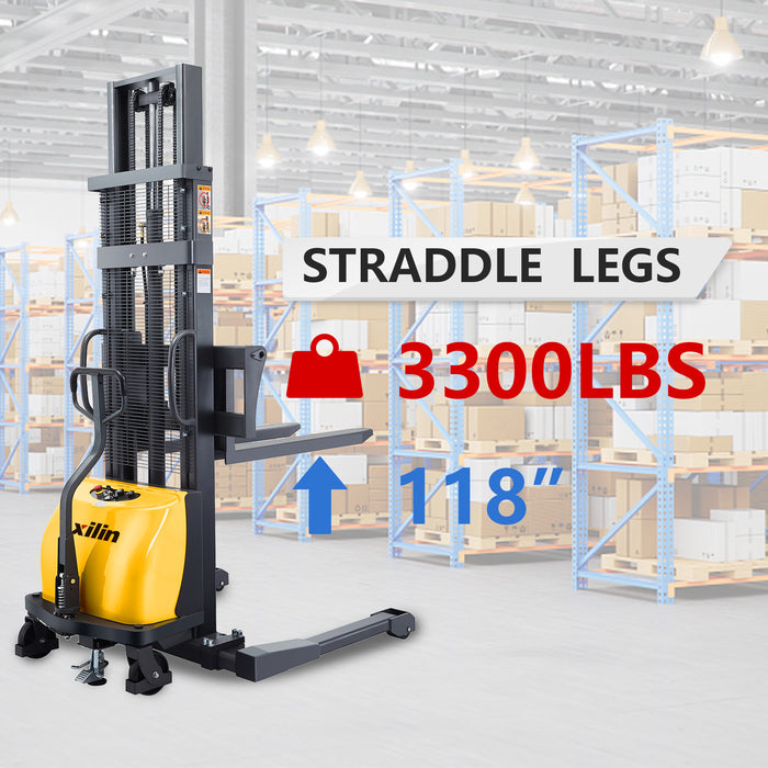 3300lbs 118” Semi Electric Lift Stacker Straddle Legs Adj forks  CTD15B-III-118