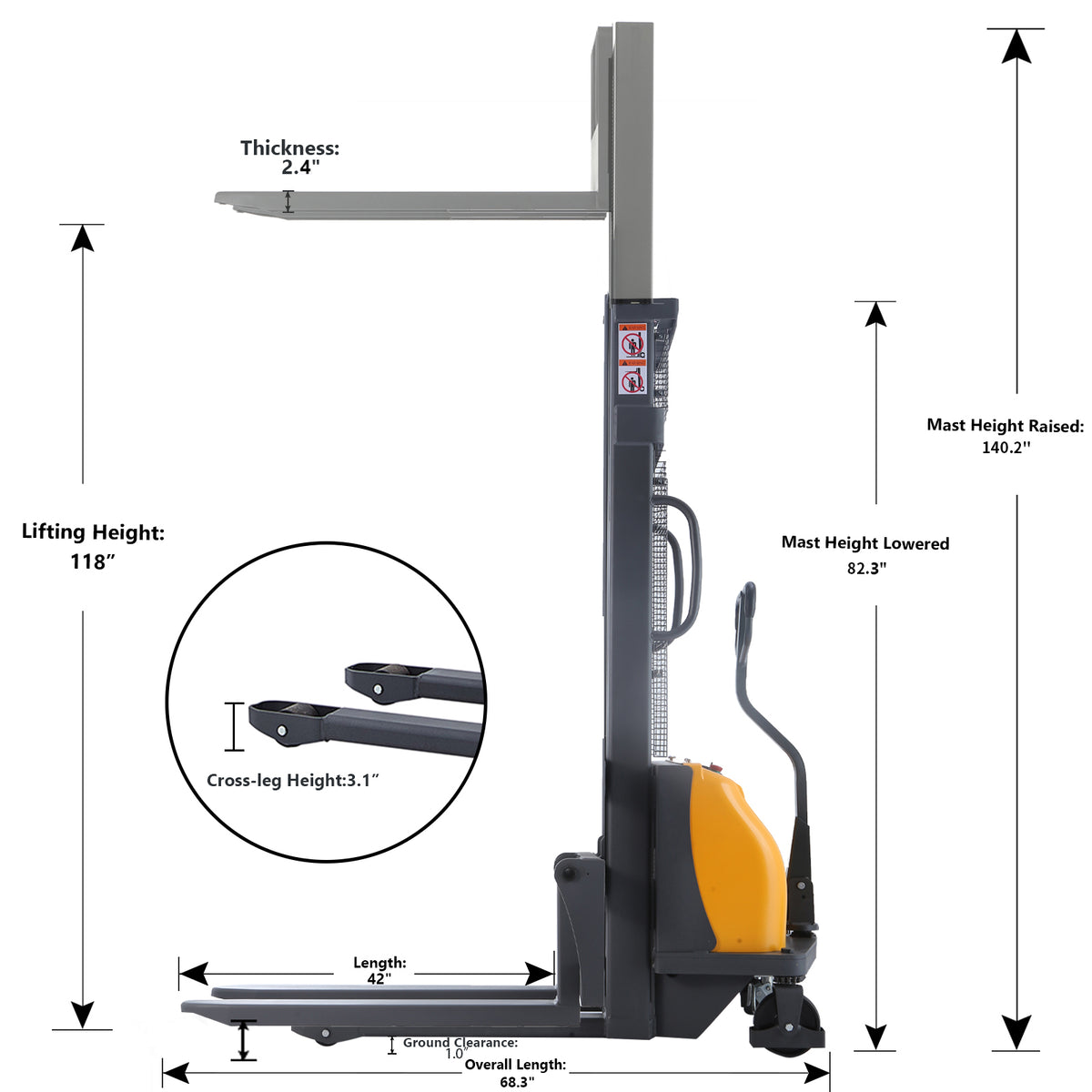 Pre-owned CDD10B-III-118 – 3,300 lb Semi-Electric Stacker, 118" Lift, Fixed Legs & Adjustable Forks