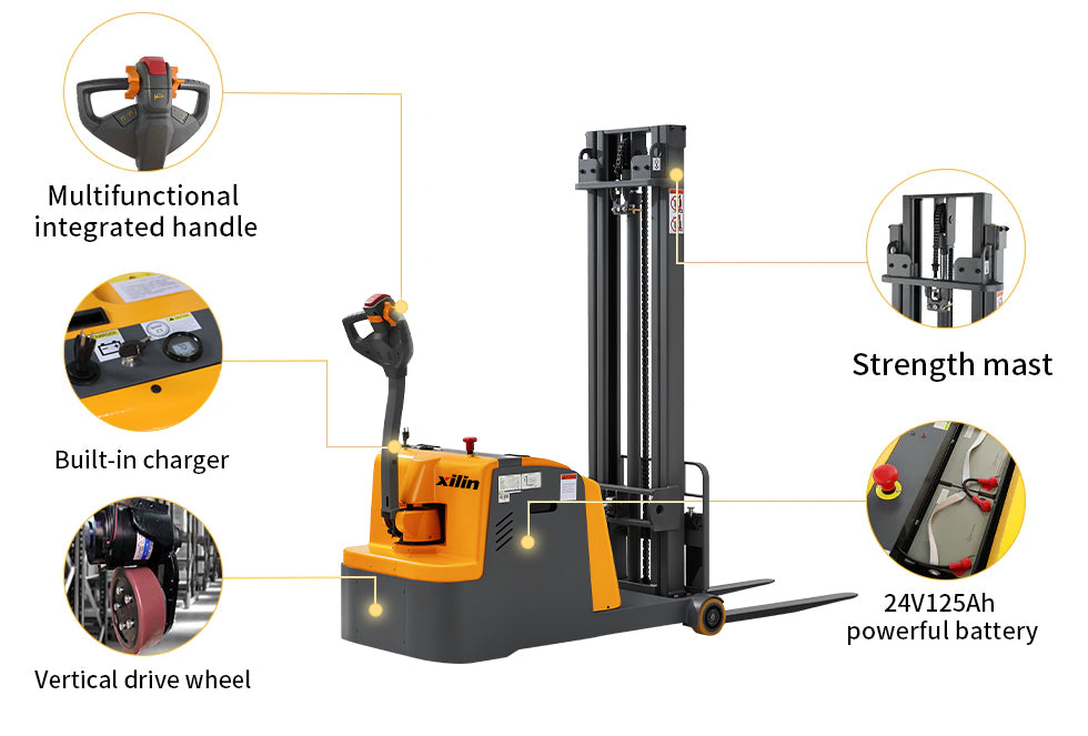 2200 lb Capacity 118" Lift Compact Counterbalanced Electric Stacker Adjustable Forks | CPD10W-118