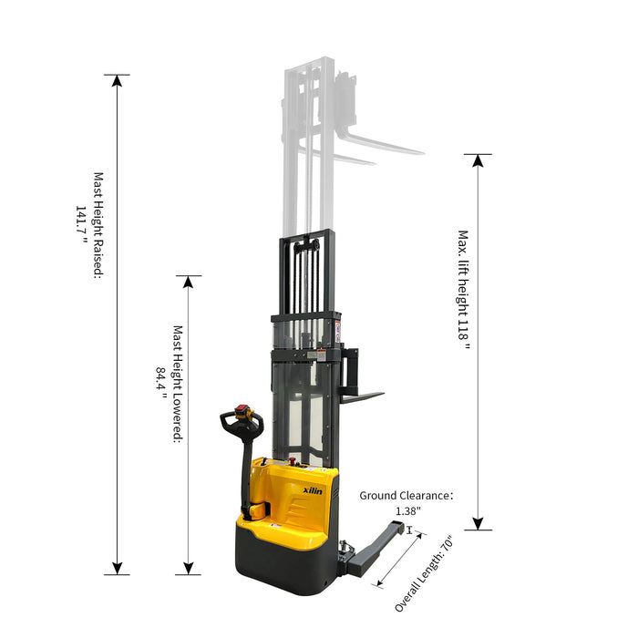 2640lbs 118” Fully Lithium Electric Straddle Pallet Walkie Stacker Adj Forks CTD12R-E-Li-118 - Full Electric Stacker