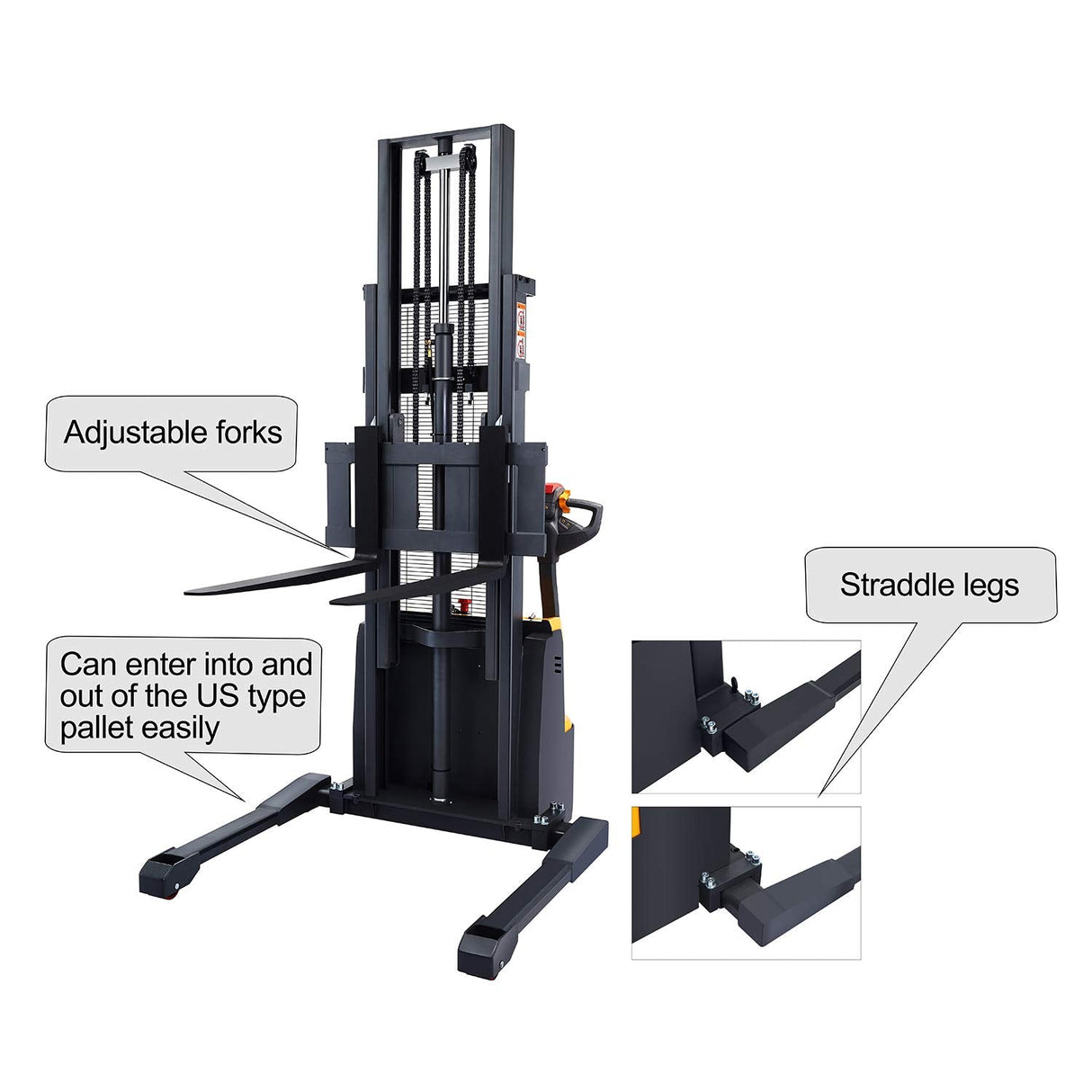 2640lbs 98” Fully Electric Straddle Pallet Walkie Stacker Adj Forks CTD12R-E-19-98 - Full Electric Stacker