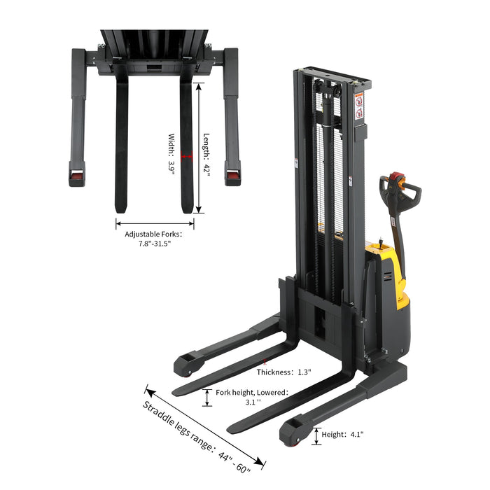 2640lbs 98” Fully Electric Straddle Pallet Walkie Stacker Adj Forks CTD12R-E-19-98 - Full Electric Stacker