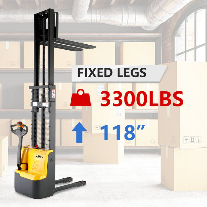 3300lbs 118’ Fixed Legs Fully Electric Powerd Pallet Lift Stacker CDD15R-E-118 - Full Electric Stacker