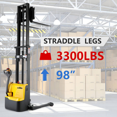 3300lbs 98” Fully Electric Straddle Pallet Lift Stacker Adj Forks CTD15R-E-98