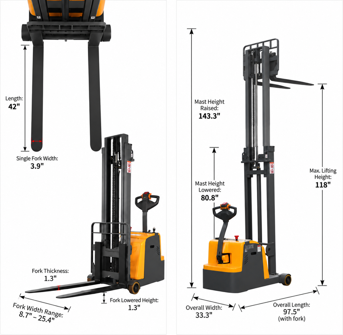 2200 lb Capacity 118" Lift Compact Counterbalanced Electric Stacker Adjustable Forks | CPD10W-118-02