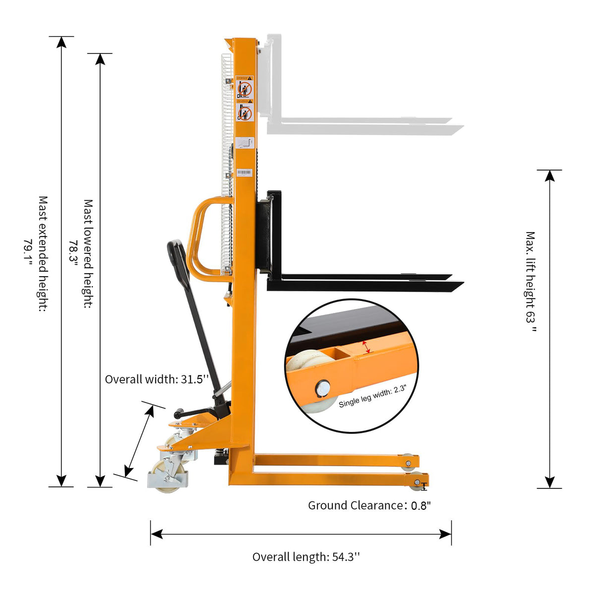 Manual Pallet Stacker 1100lbs Capacity 63" Lift Fixed legs SDJA500