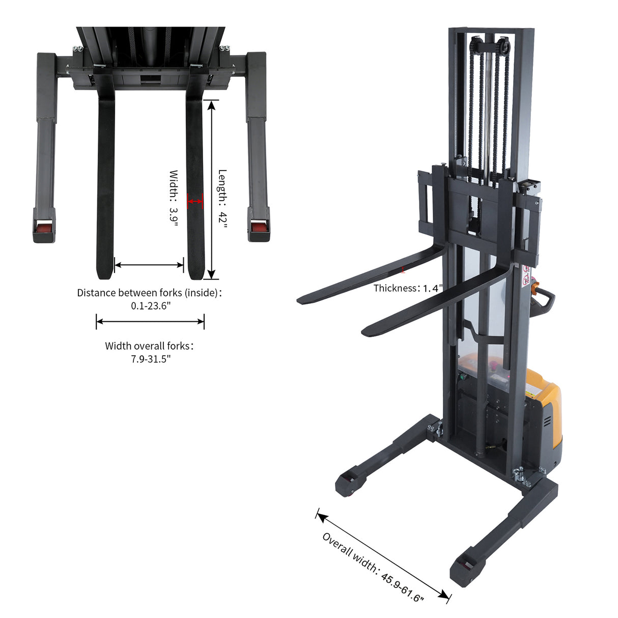 3300 lb Capacity 98" Lift Compact Electric Stacker Adjustable Forks | CTD15R-EN-98