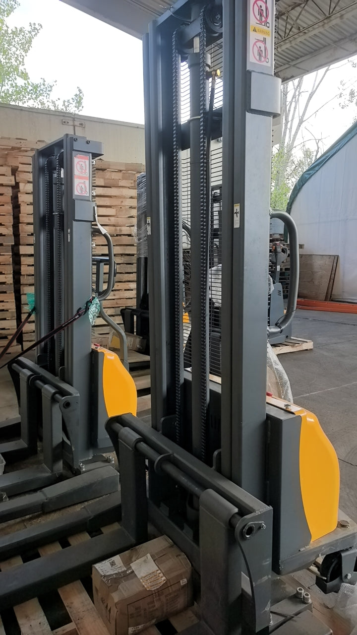 Pre-owned Aged Used CTD15B-III-118–3,300 lb Semi-Electric Stacker, 118" Lift, Straddle Legs & Adjustable Forks-20090426