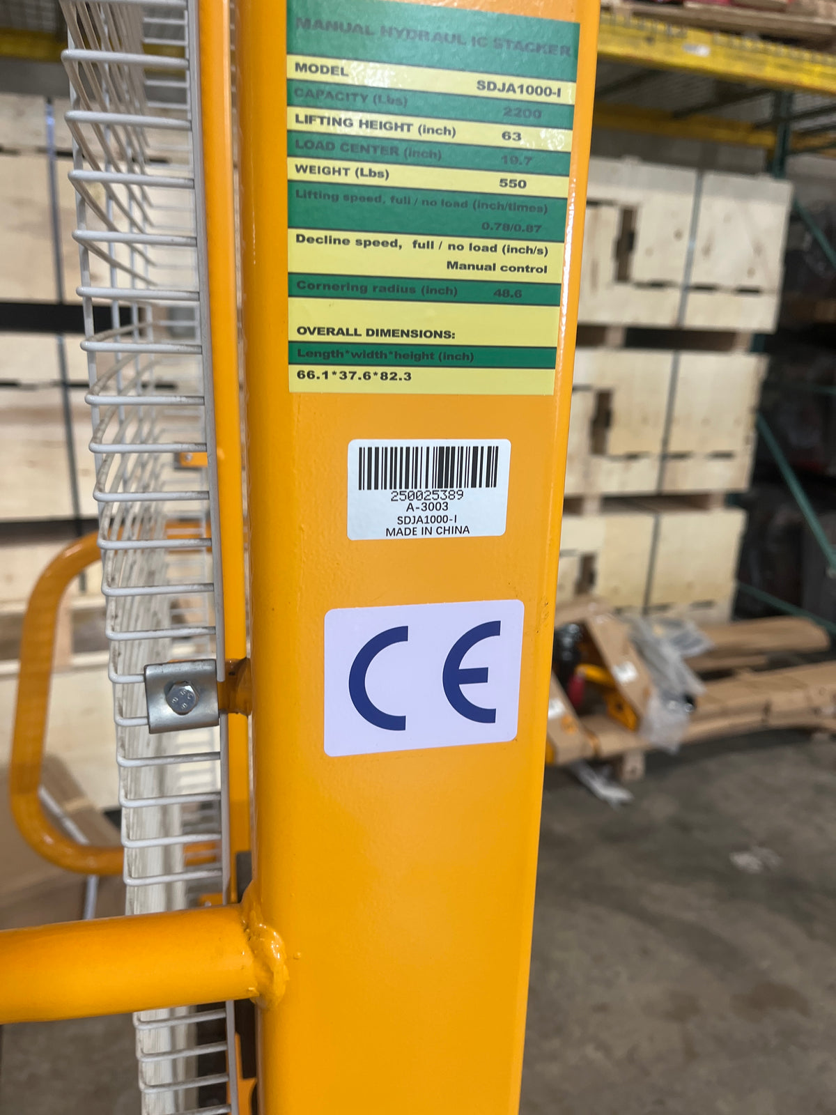 Pre-owned Premium Used SDJA1000-I–2200lbs Manual Pallet Stacker 2200 lbs Capacity 63" Lift Fixed Legs-250025389
