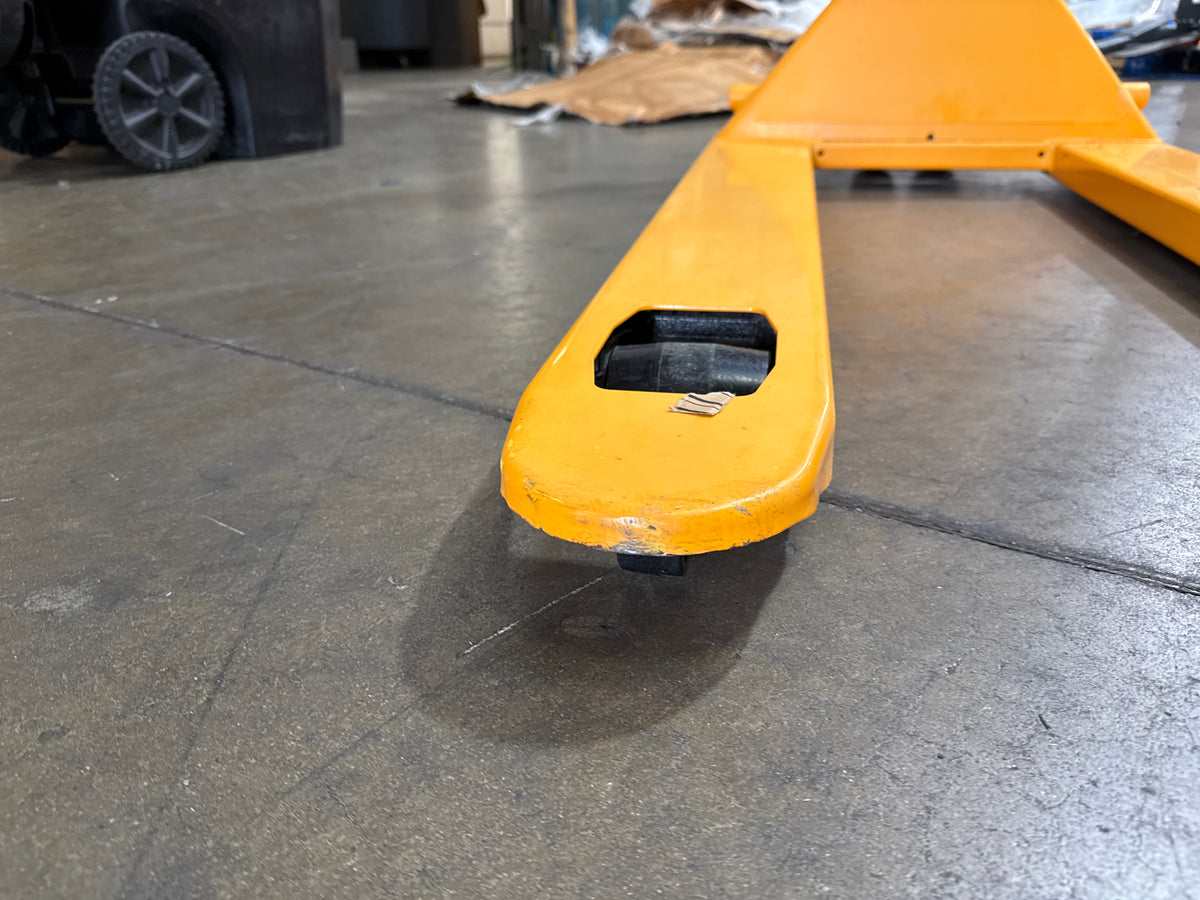 Pre-owned BF-III-2(NYLON) 5,500 lb Hydraulic Pallet Jack – Wide Forks & Nylon Wheels, 48" x 27"