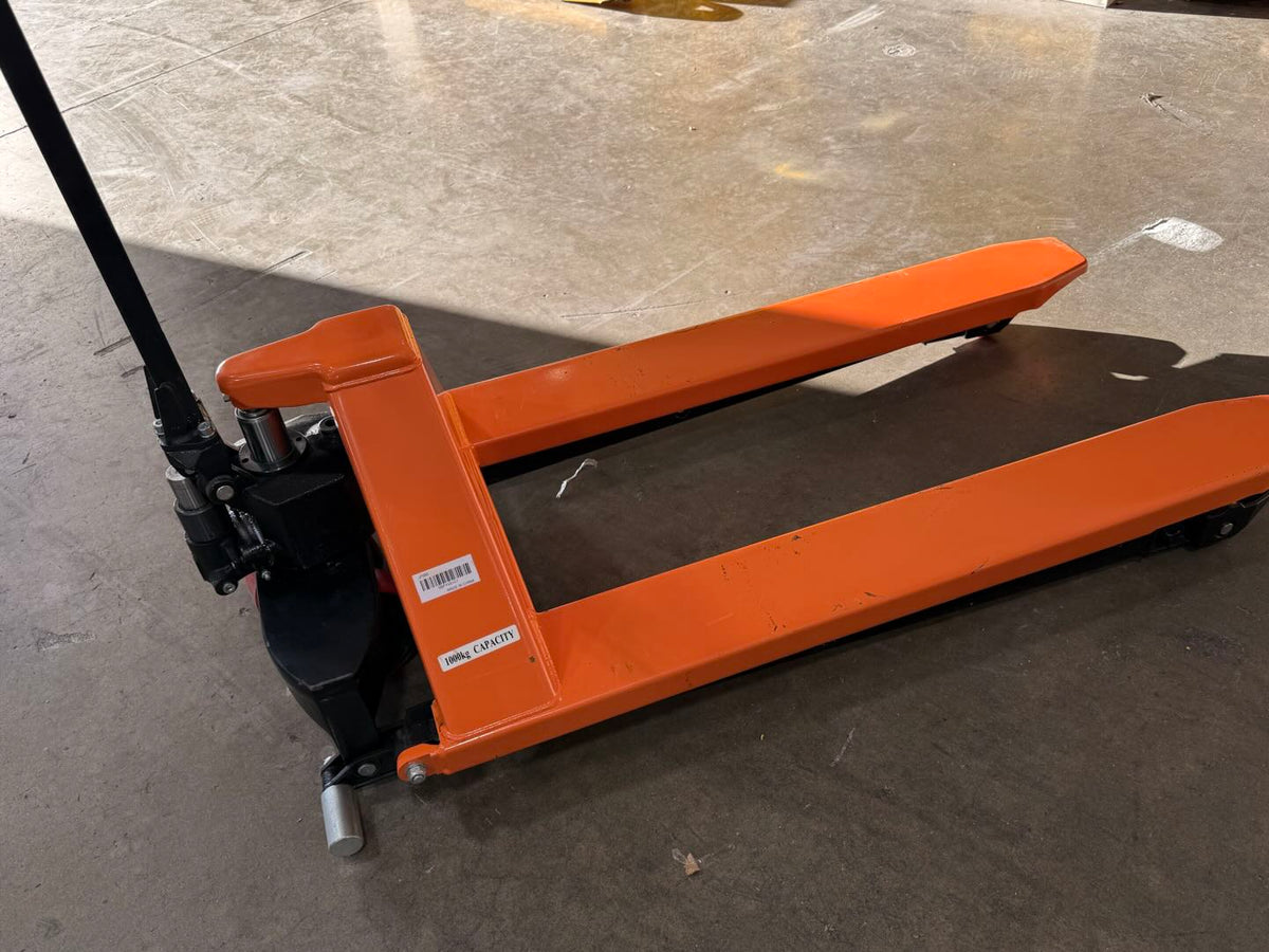 Pre-owned Premium Used JF-685-O 2,200 lb High-Lift Hydraulic Pallet Jack – Wide Forks, 45" x 27"-4677379