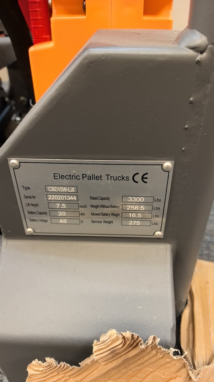 Pre-owned Open Box CBD15W-Lix-48x27-Y- 3,300 lb Electric Pallet Jack – Lithium Battery, 48"x27" Forks-220201344