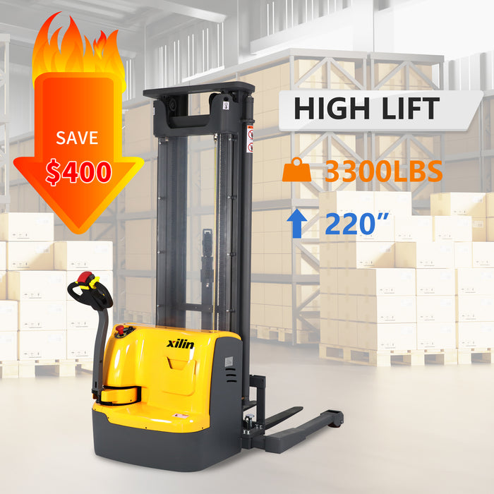 High Lift 3300lbs 220” Fully Electric Straddle Pallet Walkie Stacker Adj Forks CTDR15-III-220