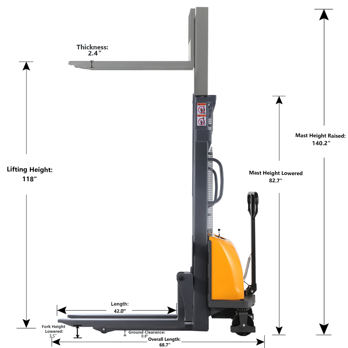 3300lbs Manual Push Electric Lift Stacker, 118" Height, Fixed Legs, Adjustable Forks / Xilin CDD15BE-118