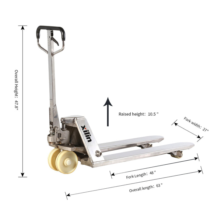 Xilin Hydraulic Stainless Steel Pallet Truck 5500lbs Capacity 48’Lx27“W Fork BFS - Hand Pallet Jack