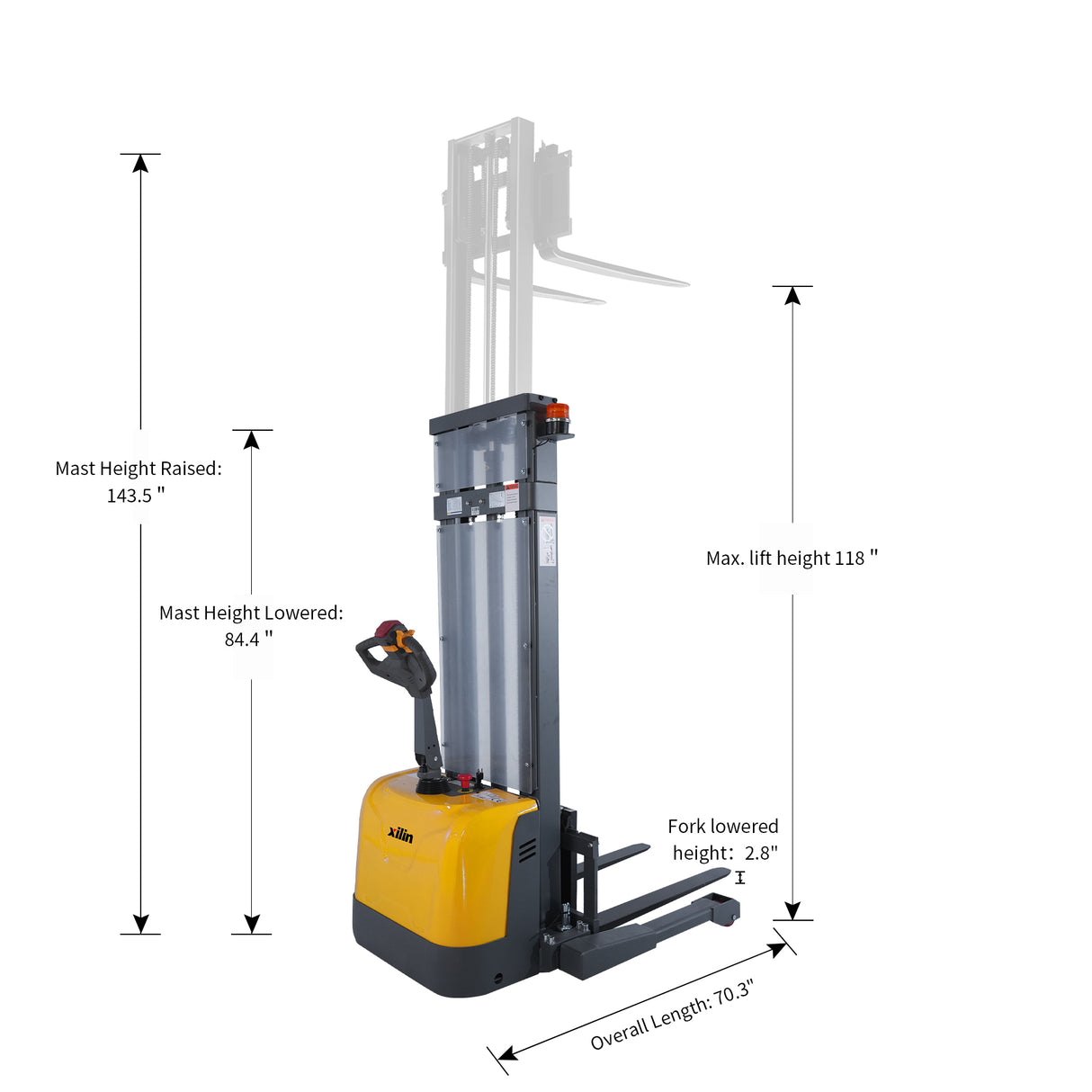 Electric Straddle Stacker 3,300lbs, 118", 24V/100Ah Battery Adj Forks | CTD15R-EN-118