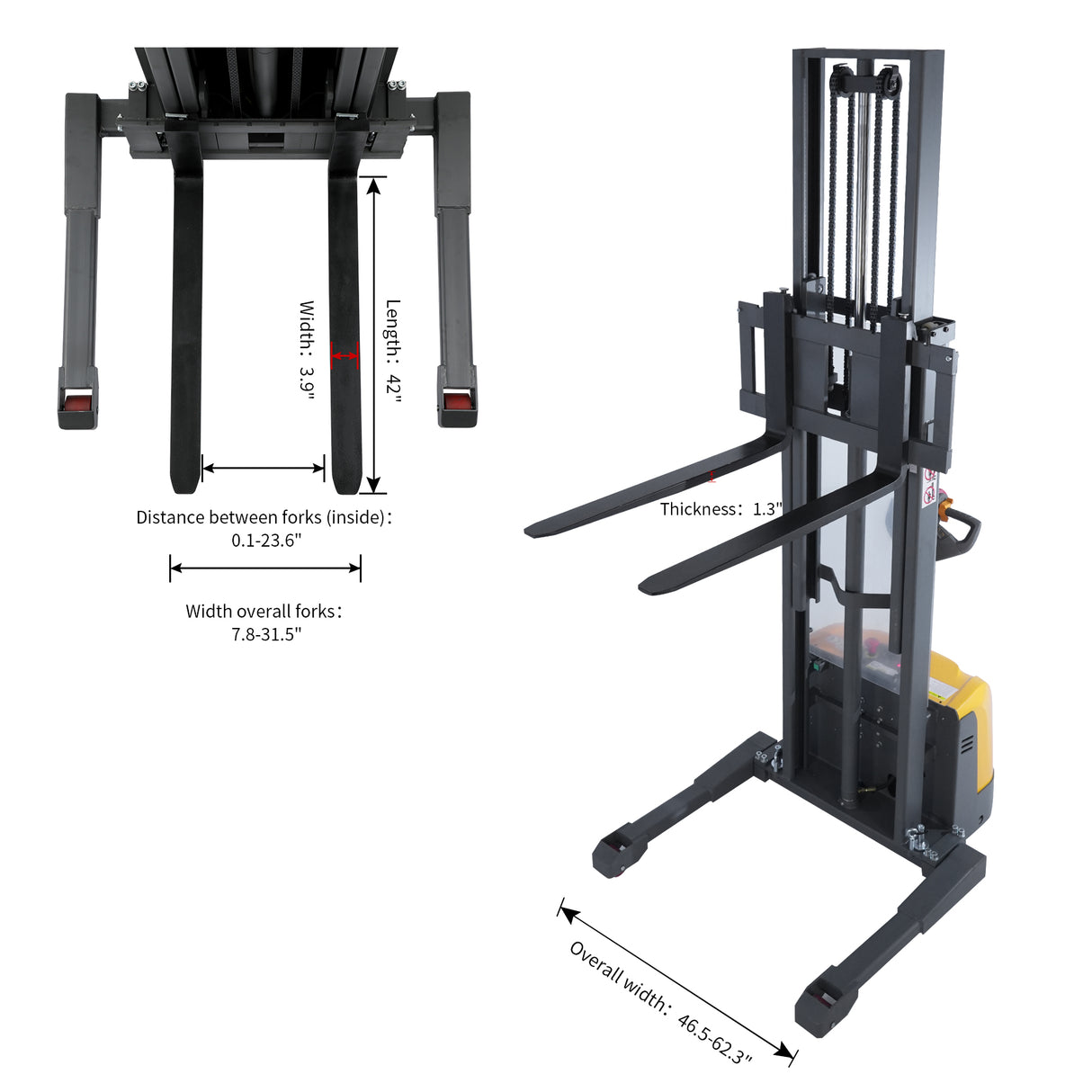 Electric Straddle Stacker 3,300lbs, 118", 24V/100Ah Battery Adj Forks | CTD15R-EN-118