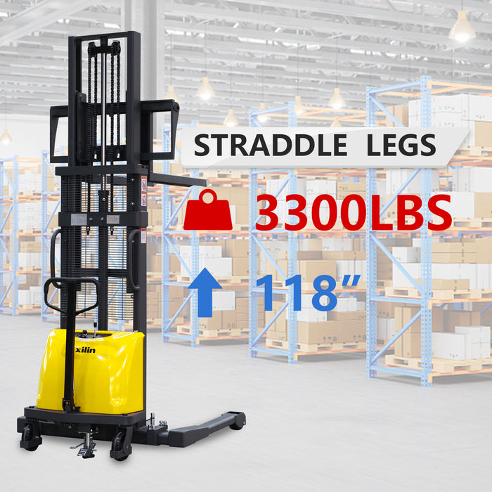 3300lbs 118" Economic Semi Electric Stacker Straddle Legs Adj forks  CTD15BE-118
