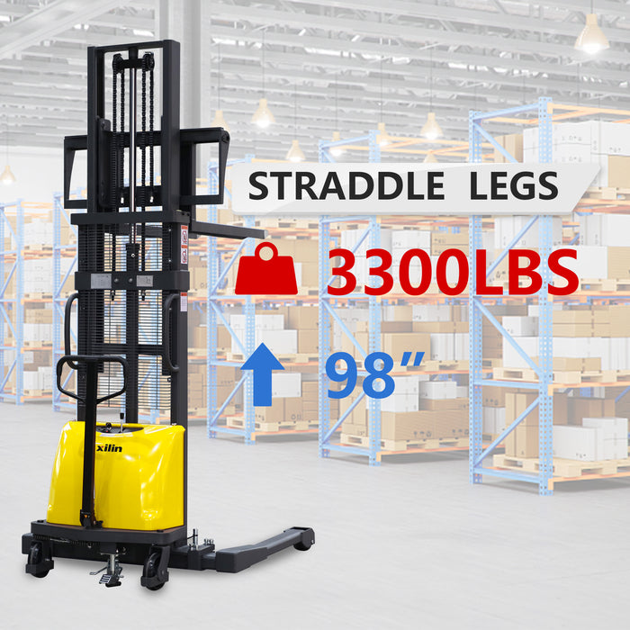3300lbs 98" Economic Semi Electric Stacker Straddle Legs Adj forks  CTD15BE-98